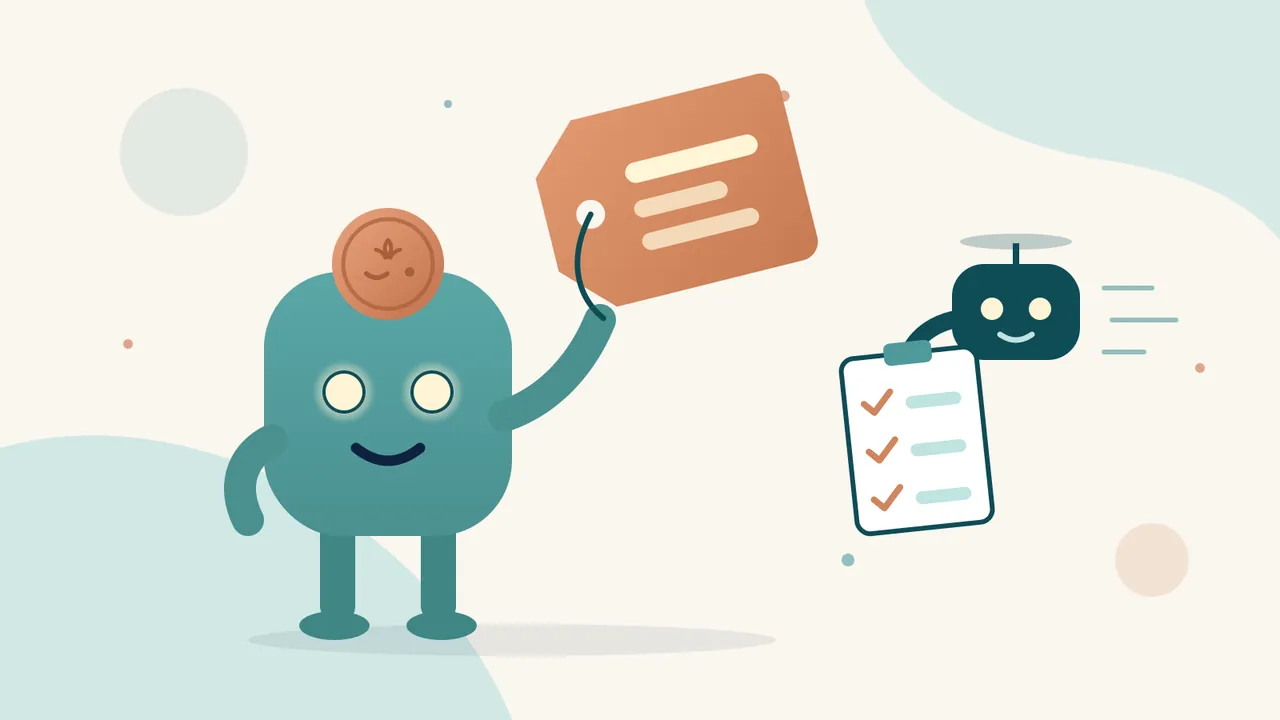 Illustration: Penny, a teal robot with a copper coin on its head, holds up a large blank copper price tag toward a small flying robot building a quote shortlist on a clipboard with three check marks, on an off-white background with soft teal shapes.