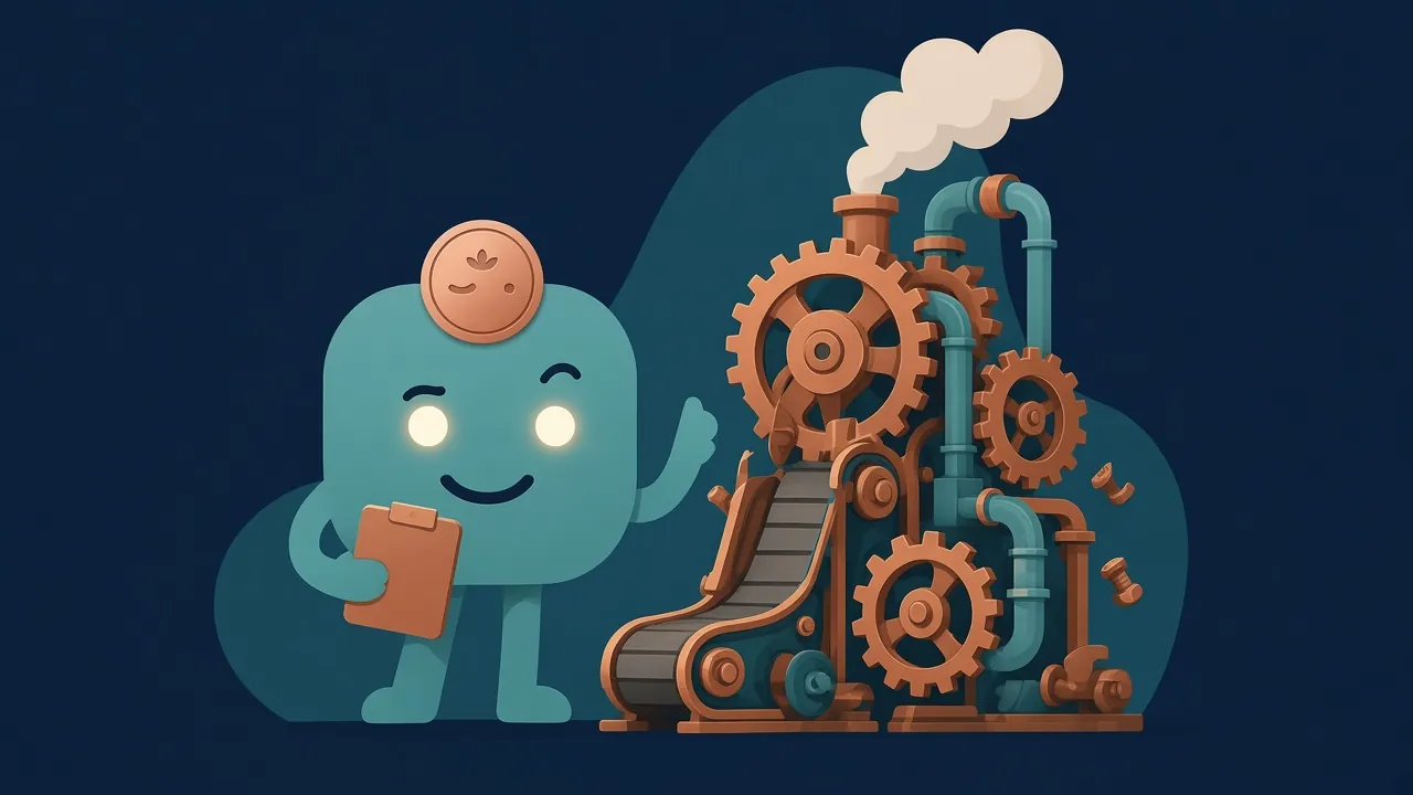 Illustration: Penny, a teal robot with a copper coin on its head, holds a clipboard beside a creaky old gear-and-pipe machine that is still chugging along.